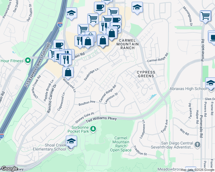 map of restaurants, bars, coffee shops, grocery stores, and more near 14050 Carmel Ridge Road in San Diego