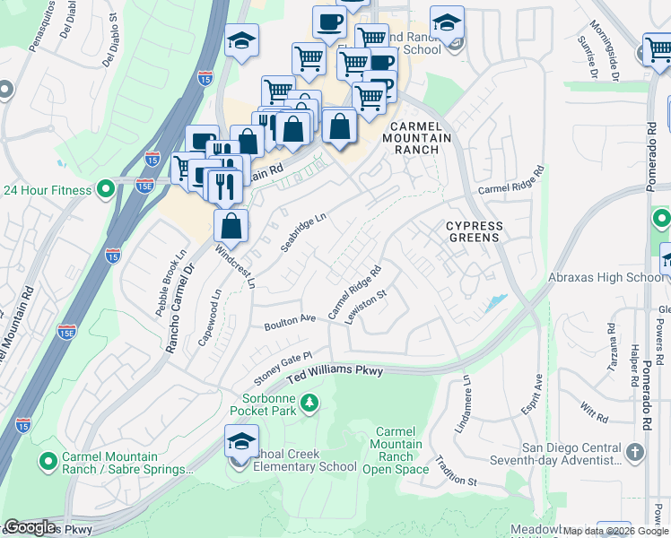 map of restaurants, bars, coffee shops, grocery stores, and more near 14224 Breezeway Place in San Diego