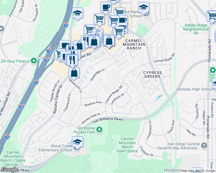 map of restaurants, bars, coffee shops, grocery stores, and more near 14224 Breezeway Place in San Diego