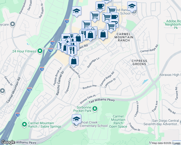 map of restaurants, bars, coffee shops, grocery stores, and more near 14319 Seabridge Lane in San Diego