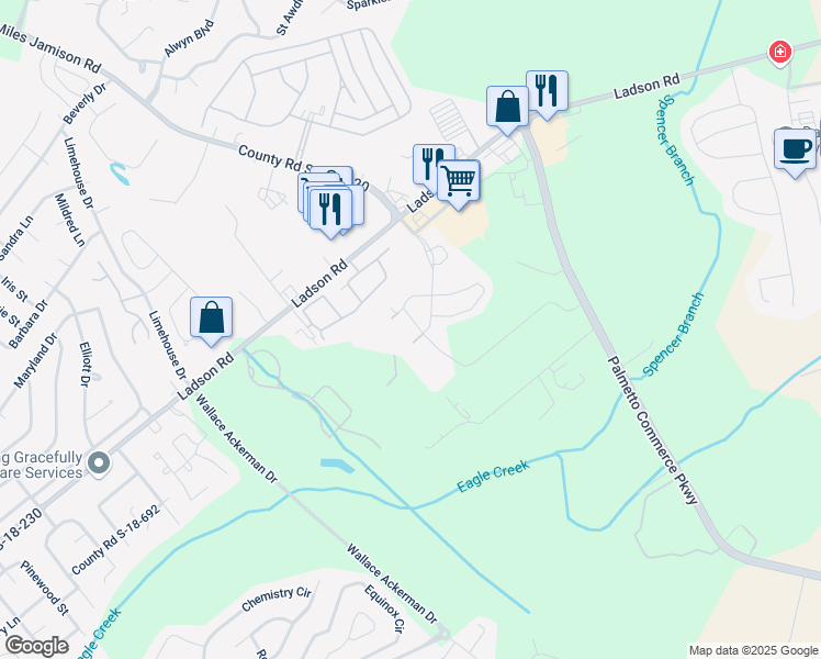 map of restaurants, bars, coffee shops, grocery stores, and more near 3711 Raddison Lane in Ladson