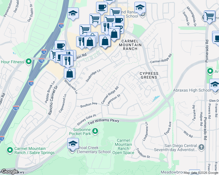 map of restaurants, bars, coffee shops, grocery stores, and more near 14382 Savannah Court in San Diego