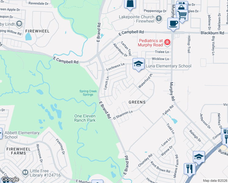 map of restaurants, bars, coffee shops, grocery stores, and more near 6522 O Malley Court in Garland