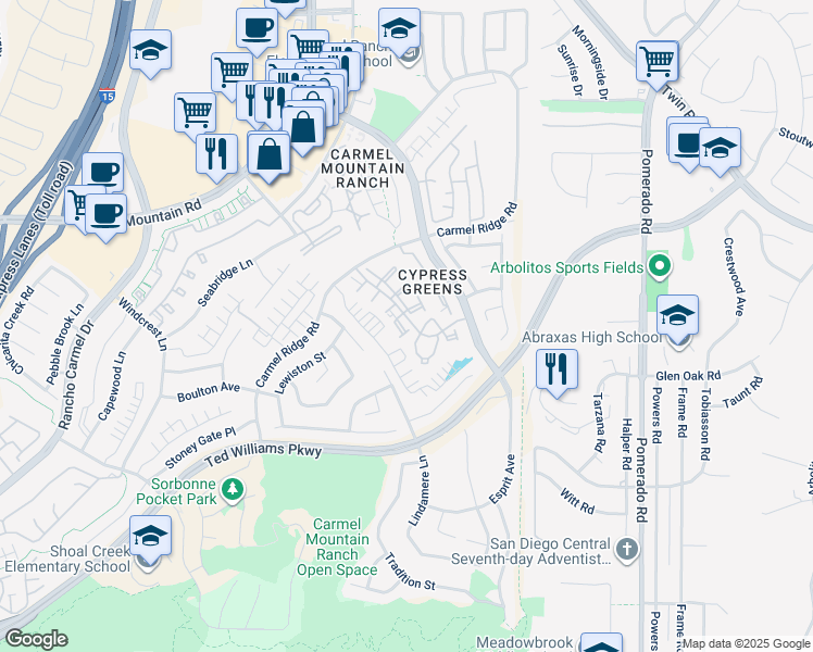 map of restaurants, bars, coffee shops, grocery stores, and more near 11986 Tivoli Park Row in San Diego