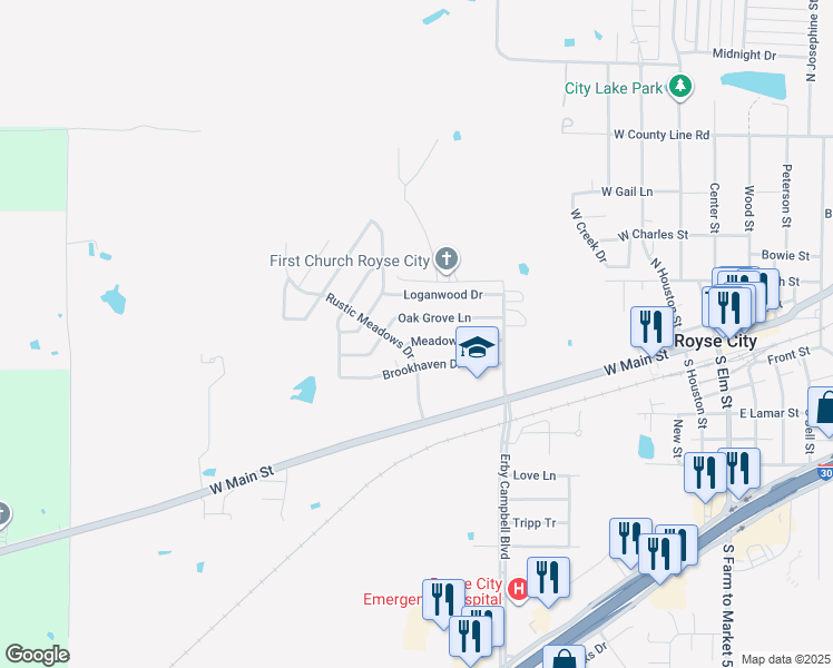 map of restaurants, bars, coffee shops, grocery stores, and more near 912 Meadowdale Drive in Royse City
