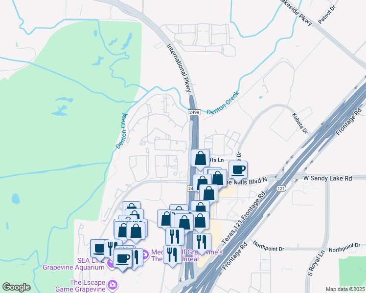 map of restaurants, bars, coffee shops, grocery stores, and more near 3601 Grapevine Mills Parkway in Grapevine