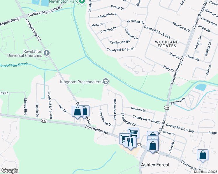 map of restaurants, bars, coffee shops, grocery stores, and more near 102 Mateo Court in Summerville