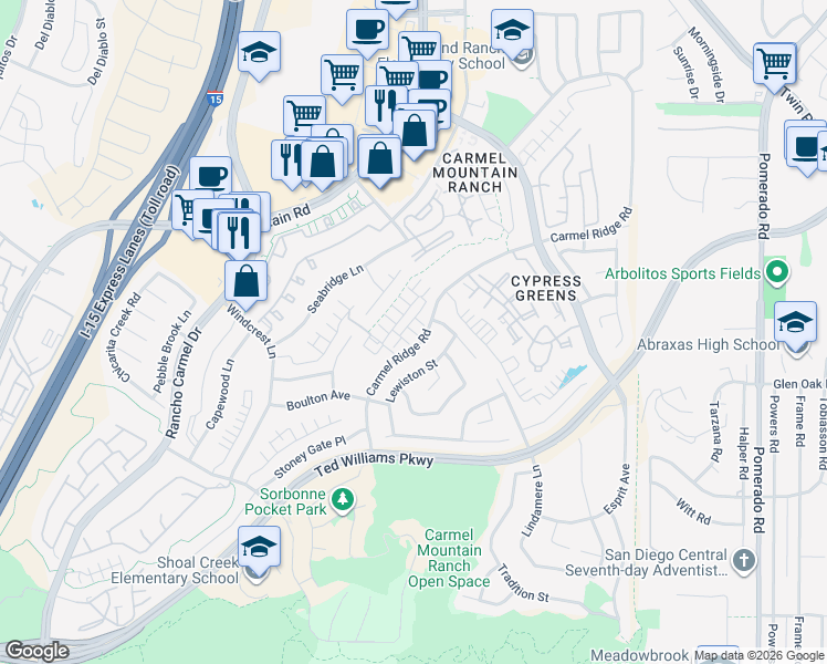 map of restaurants, bars, coffee shops, grocery stores, and more near 14356 Savannah Court in San Diego