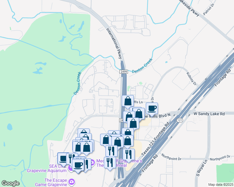 map of restaurants, bars, coffee shops, grocery stores, and more near 3601 Grapevine Mills Parkway in Grapevine