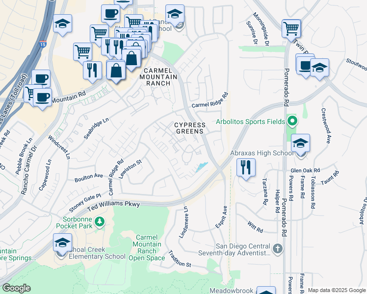 map of restaurants, bars, coffee shops, grocery stores, and more near 11963 Tivoli Park Row in San Diego