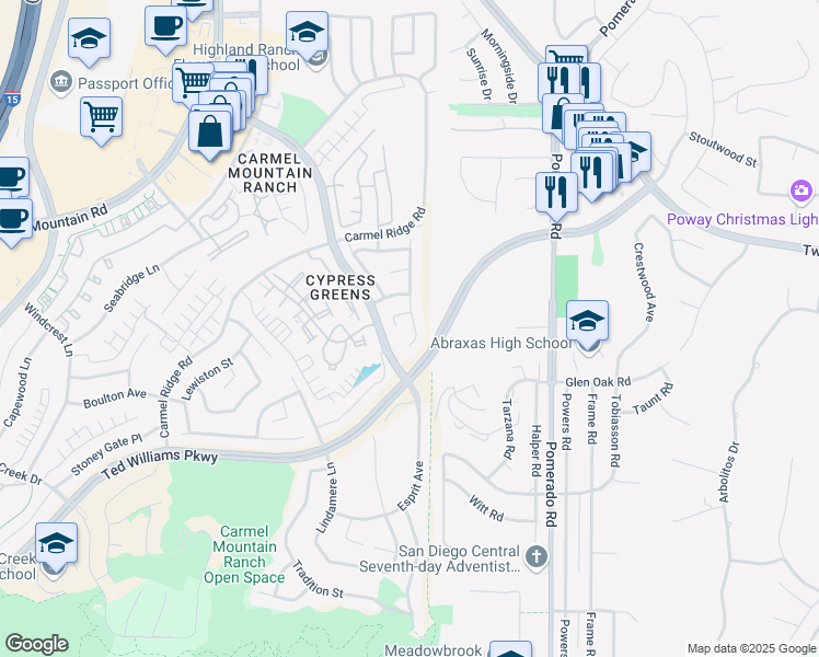 map of restaurants, bars, coffee shops, grocery stores, and more near 14048 Via Corsini in San Diego