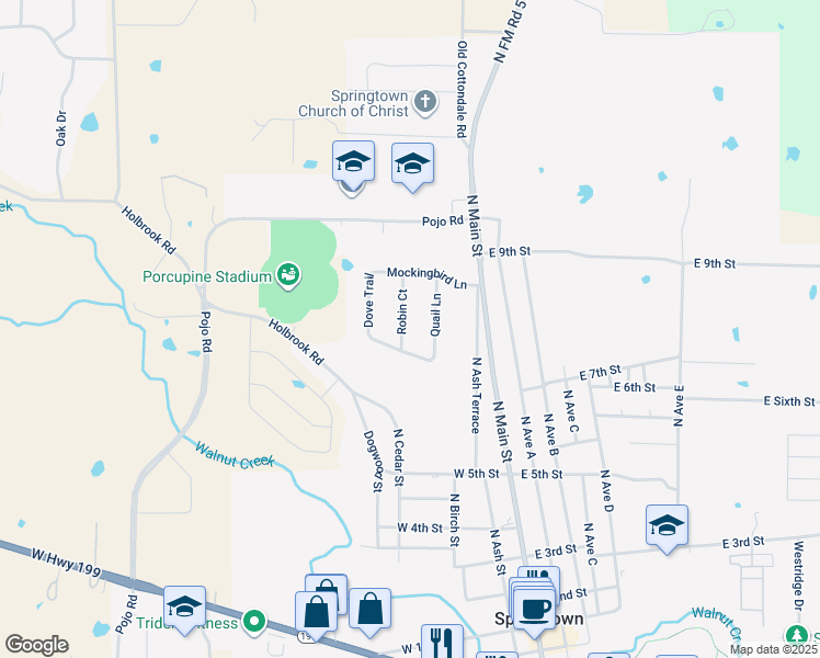 map of restaurants, bars, coffee shops, grocery stores, and more near 788 Robin Court in Springtown