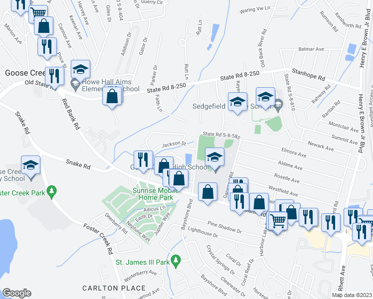 map of restaurants, bars, coffee shops, grocery stores, and more near 279 Jackson Street in Goose Creek