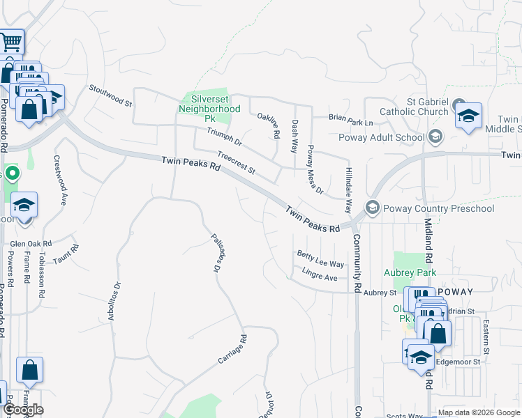 map of restaurants, bars, coffee shops, grocery stores, and more near 14274 Woodcreek Road in Poway