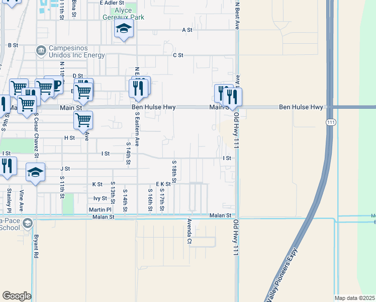 map of restaurants, bars, coffee shops, grocery stores, and more near 1627 I Street in Brawley