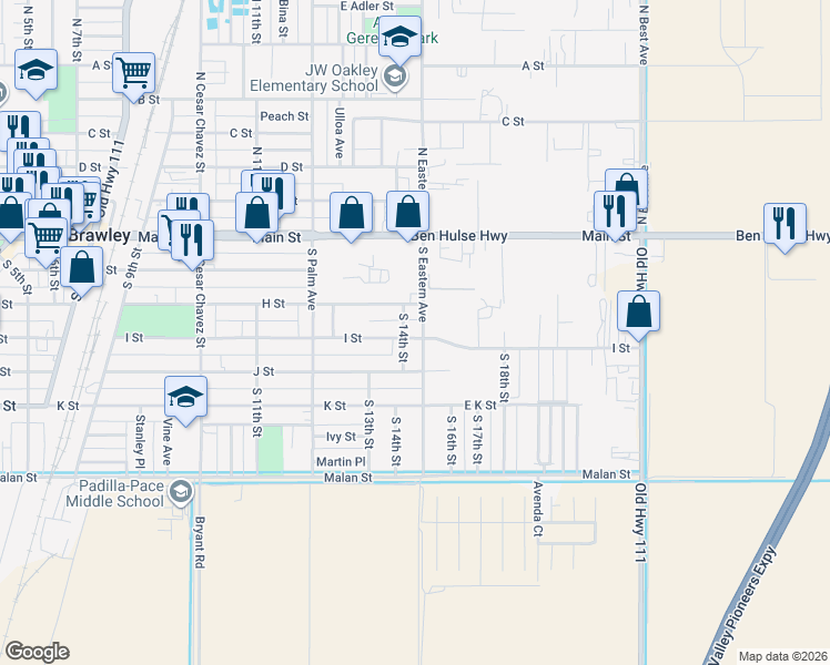 map of restaurants, bars, coffee shops, grocery stores, and more near 315 South Eastern Avenue in Brawley
