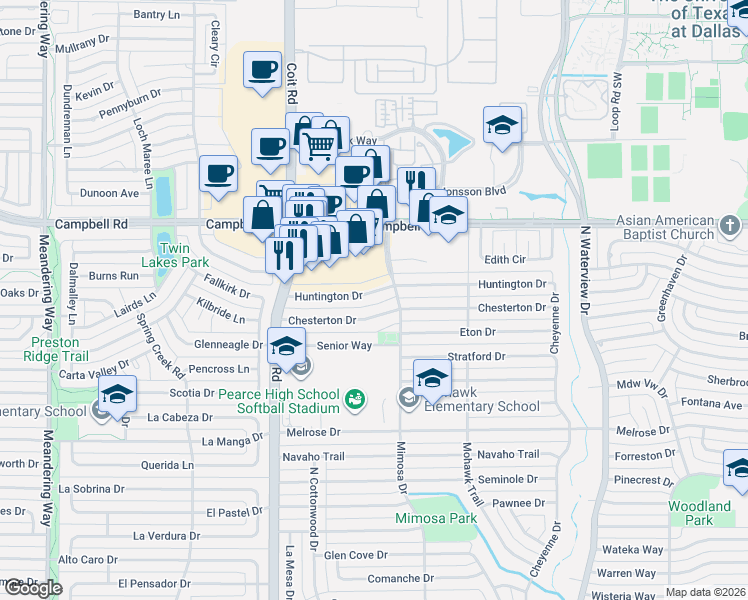 map of restaurants, bars, coffee shops, grocery stores, and more near 1308 Huntington Drive in Richardson