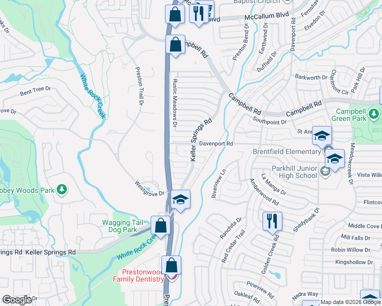 map of restaurants, bars, coffee shops, grocery stores, and more near 6019 Blue Mist Lane in Dallas