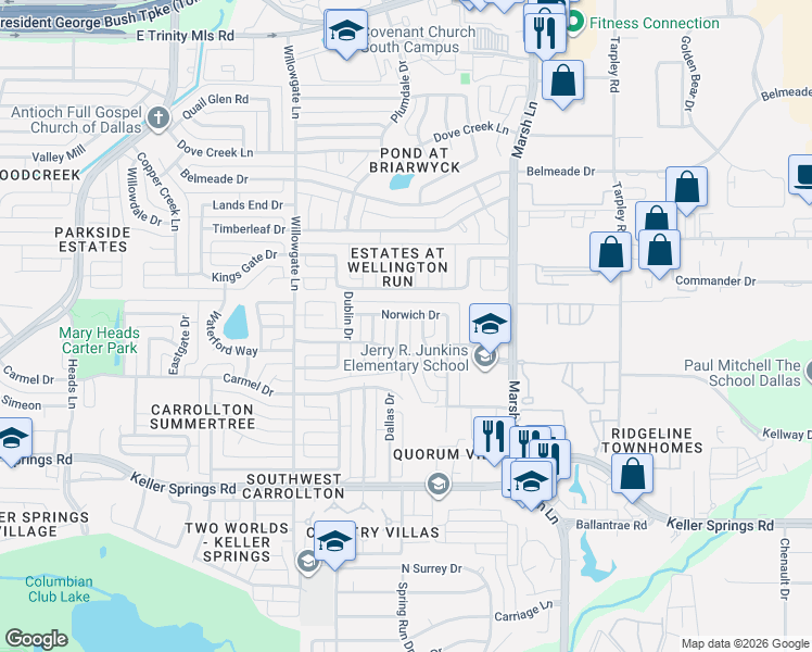 map of restaurants, bars, coffee shops, grocery stores, and more near 2422 Norwich Drive in Carrollton