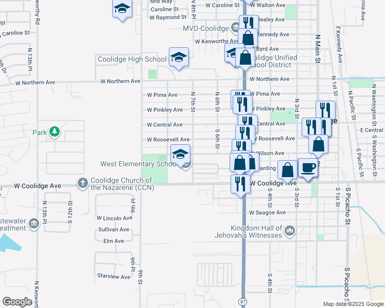 map of restaurants, bars, coffee shops, grocery stores, and more near South 7th Street in Coolidge
