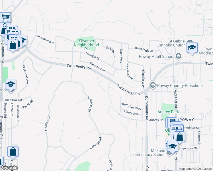map of restaurants, bars, coffee shops, grocery stores, and more near 14274 Woodcreek Road in Poway