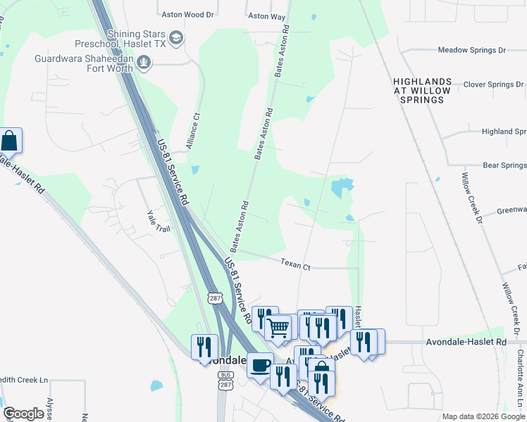map of restaurants, bars, coffee shops, grocery stores, and more near 13624 Bates Aston Road in Haslet
