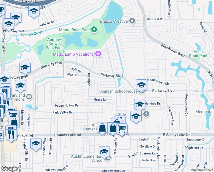 map of restaurants, bars, coffee shops, grocery stores, and more near 547 Kirkland Drive in Coppell