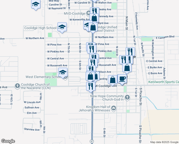 map of restaurants, bars, coffee shops, grocery stores, and more near 524 West Wilson Avenue in Coolidge