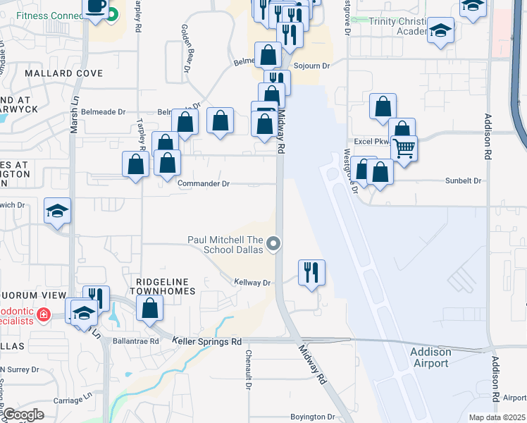 map of restaurants, bars, coffee shops, grocery stores, and more near 2395 Midway Road in Carrollton