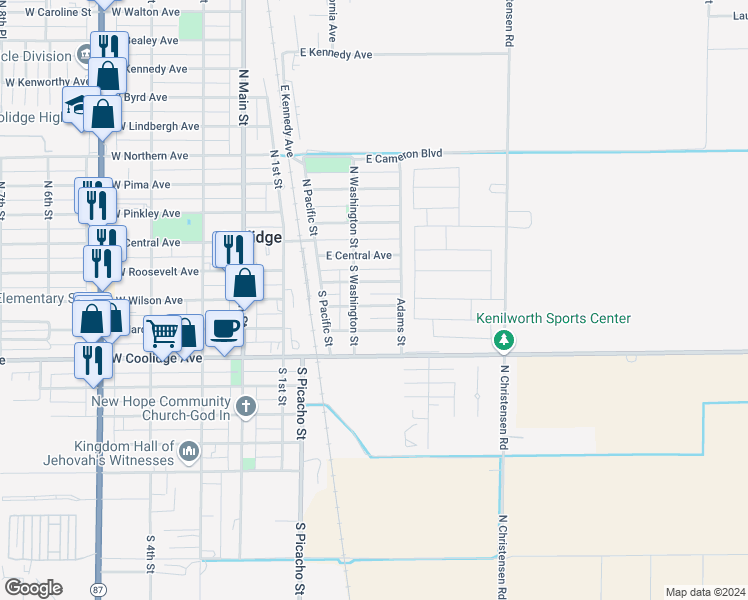 map of restaurants, bars, coffee shops, grocery stores, and more near 340 East Borre Avenue in Coolidge