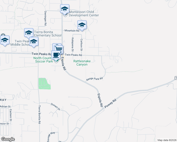map of restaurants, bars, coffee shops, grocery stores, and more near 14422 Sespe Place in Poway