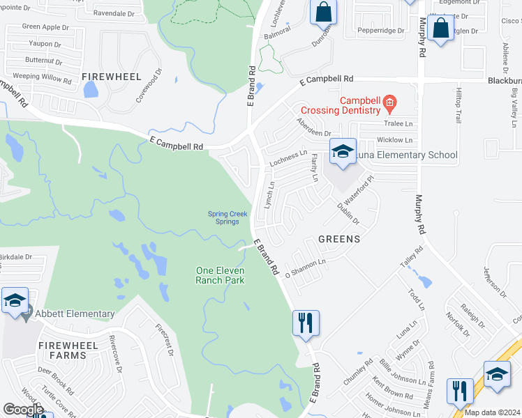 map of restaurants, bars, coffee shops, grocery stores, and more near 6613 Lynch Lane in Garland