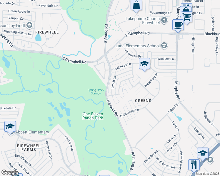 map of restaurants, bars, coffee shops, grocery stores, and more near 6702 Lynch Lane in Garland