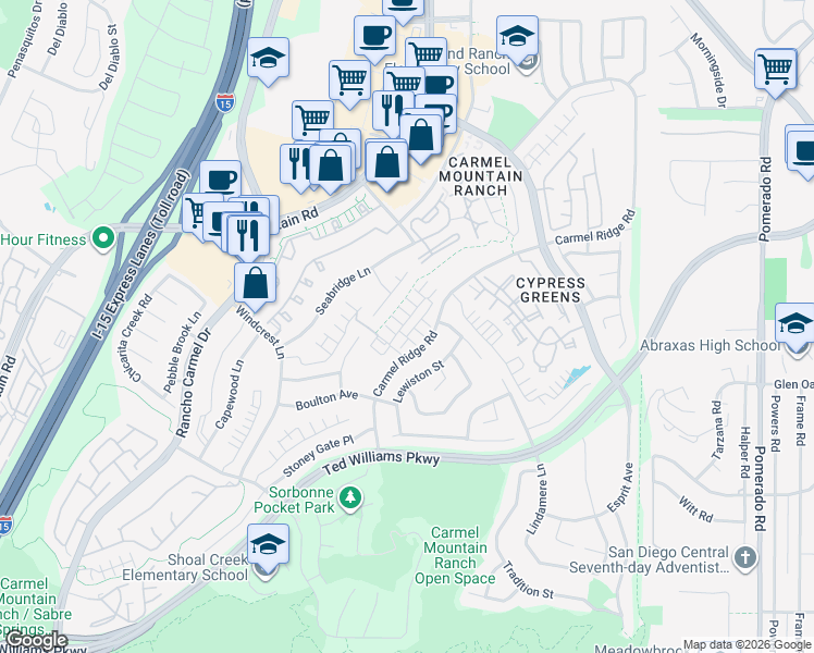 map of restaurants, bars, coffee shops, grocery stores, and more near 14050 Carmel Ridge Road in San Diego