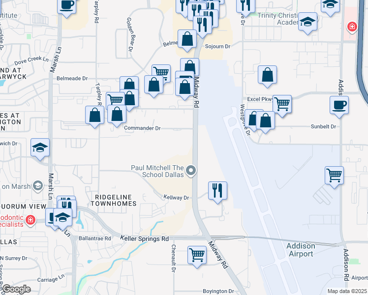 map of restaurants, bars, coffee shops, grocery stores, and more near 3230 Commander Drive in Carrollton