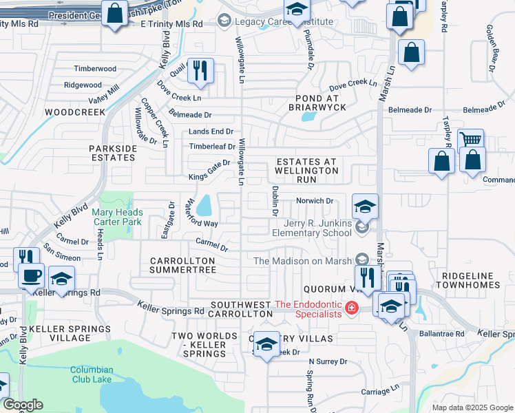 map of restaurants, bars, coffee shops, grocery stores, and more near 2701 Wimbledon Court in Carrollton