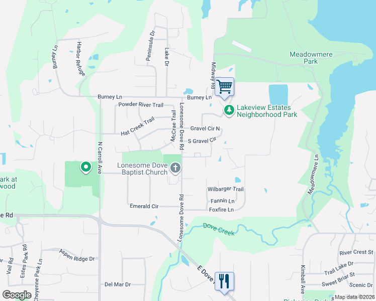 map of restaurants, bars, coffee shops, grocery stores, and more near 1555 South Gravel Circle in Southlake