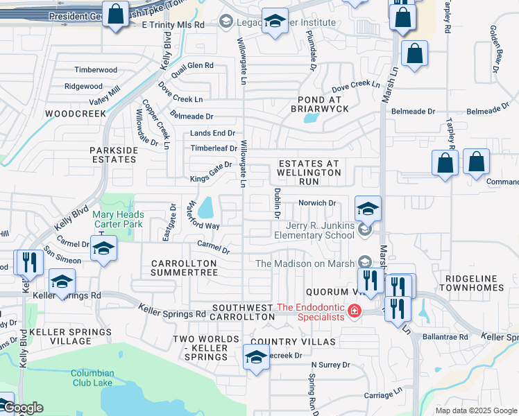 map of restaurants, bars, coffee shops, grocery stores, and more near 2701 Wimbledon Court in Carrollton