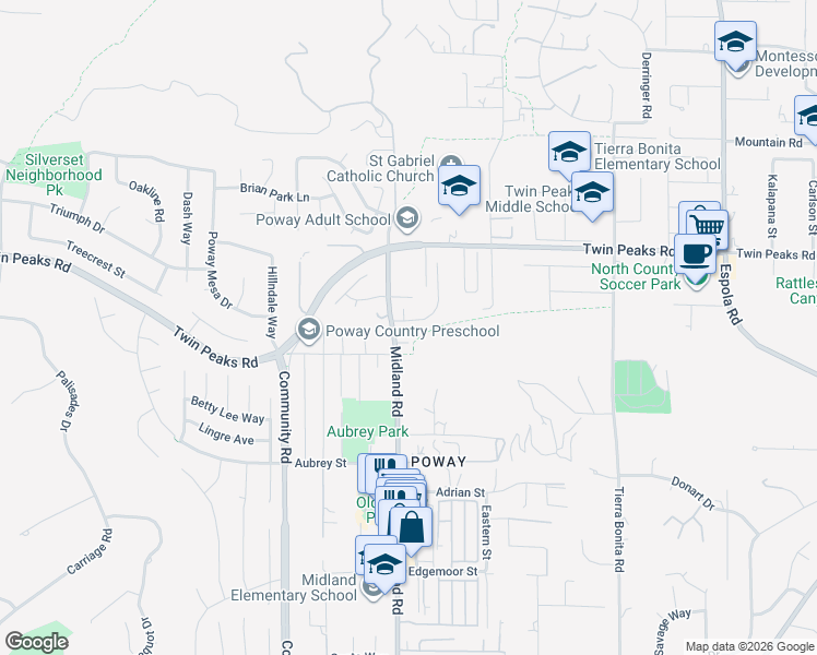 map of restaurants, bars, coffee shops, grocery stores, and more near 13625 Holly Oak Way in Poway