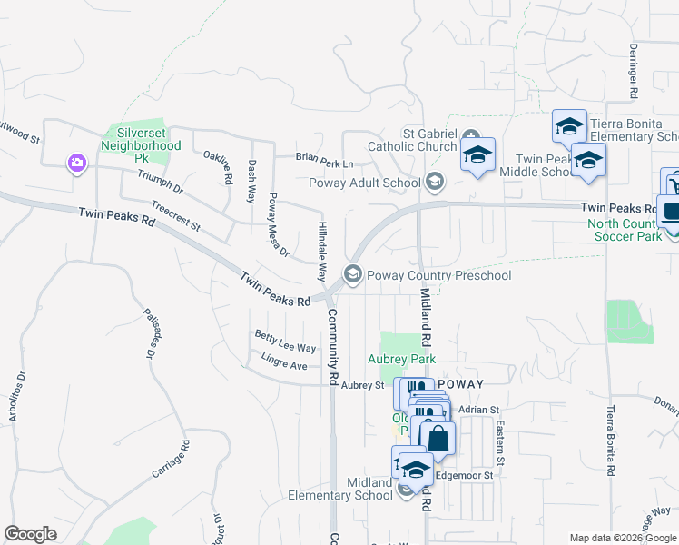 map of restaurants, bars, coffee shops, grocery stores, and more near 13434 Twin Peaks Road in Poway