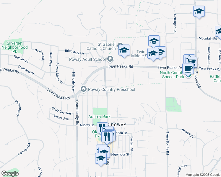 map of restaurants, bars, coffee shops, grocery stores, and more near 13625 Holly Oak Way in Poway
