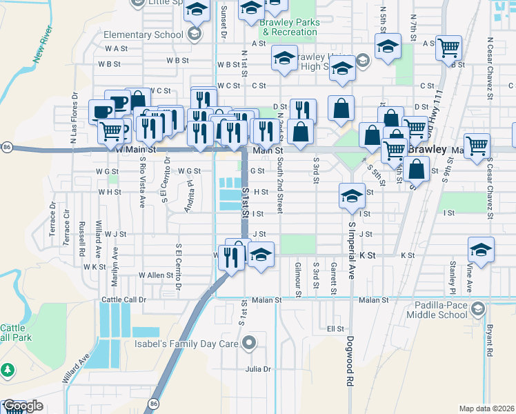 map of restaurants, bars, coffee shops, grocery stores, and more near 148 H St in Brawley