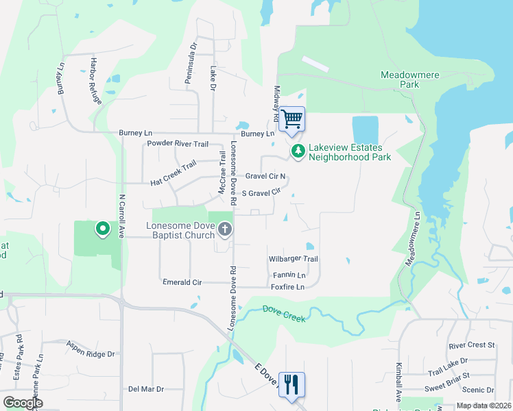 map of restaurants, bars, coffee shops, grocery stores, and more near 1589 South Gravel Circle in Southlake