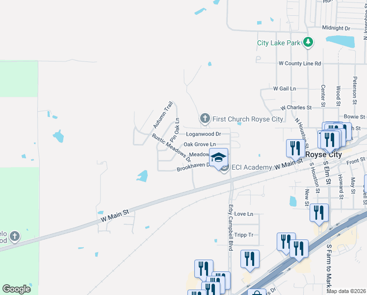 map of restaurants, bars, coffee shops, grocery stores, and more near 1003 Oak Grove Lane in Royse City