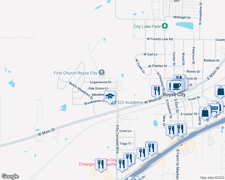 map of restaurants, bars, coffee shops, grocery stores, and more near 720 Oak Grove Lane in Royse City