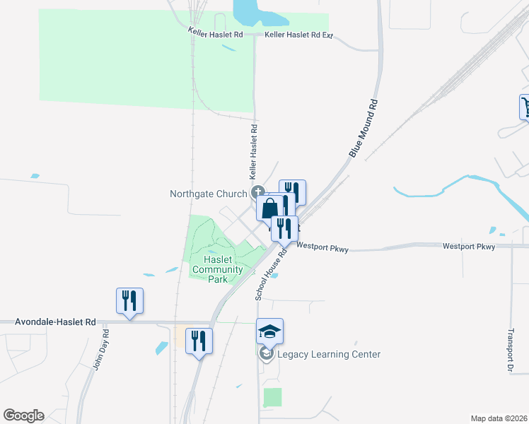 map of restaurants, bars, coffee shops, grocery stores, and more near 104 1st Street in Haslet