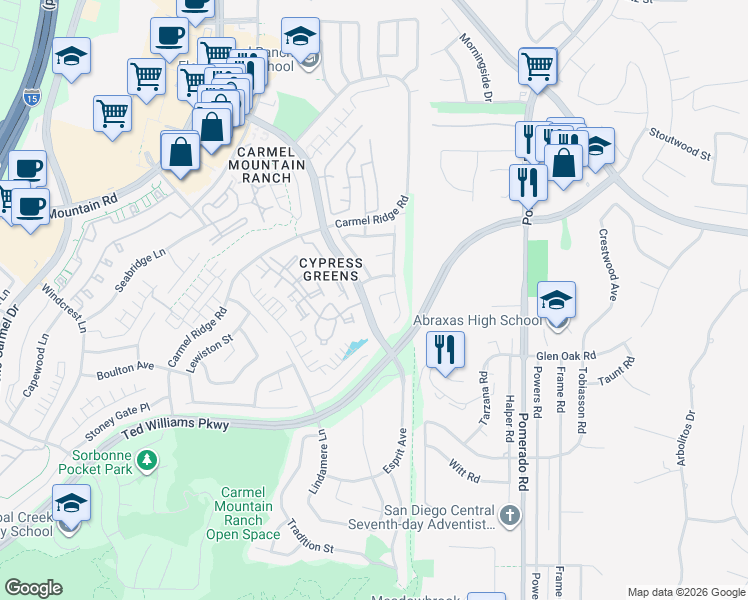map of restaurants, bars, coffee shops, grocery stores, and more near 12127 Corte Napoli in San Diego