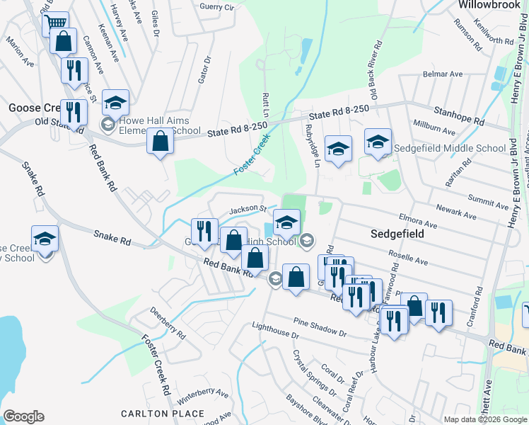 map of restaurants, bars, coffee shops, grocery stores, and more near 577 Truman Drive in Goose Creek