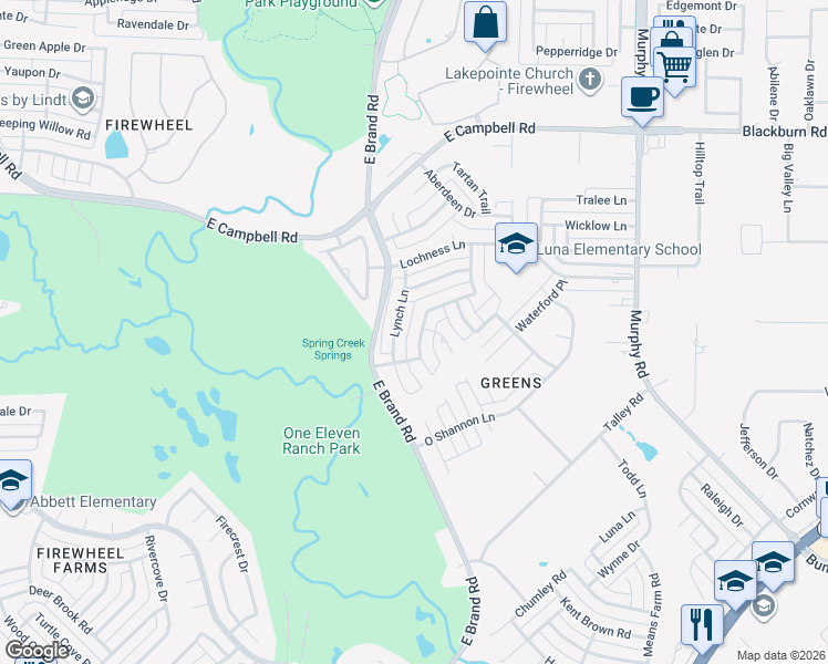 map of restaurants, bars, coffee shops, grocery stores, and more near 6702 Lynch Lane in Garland