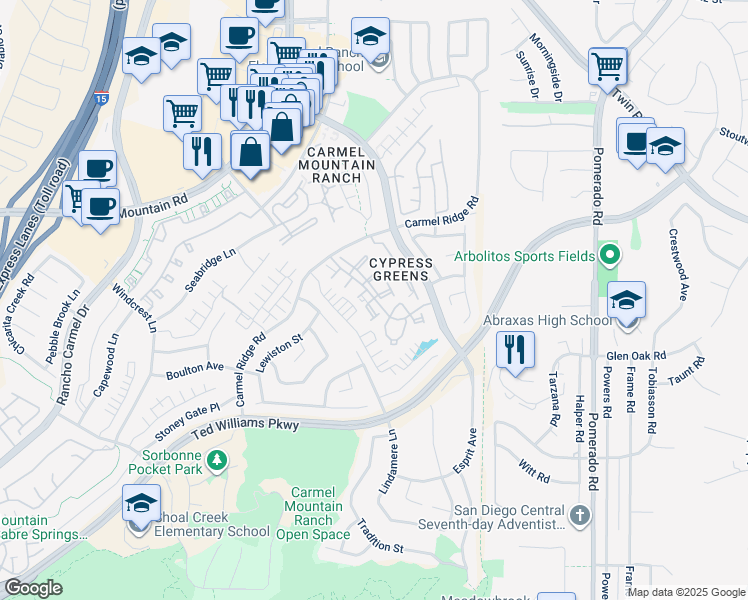 map of restaurants, bars, coffee shops, grocery stores, and more near 11963 Tivoli Park Row in San Diego